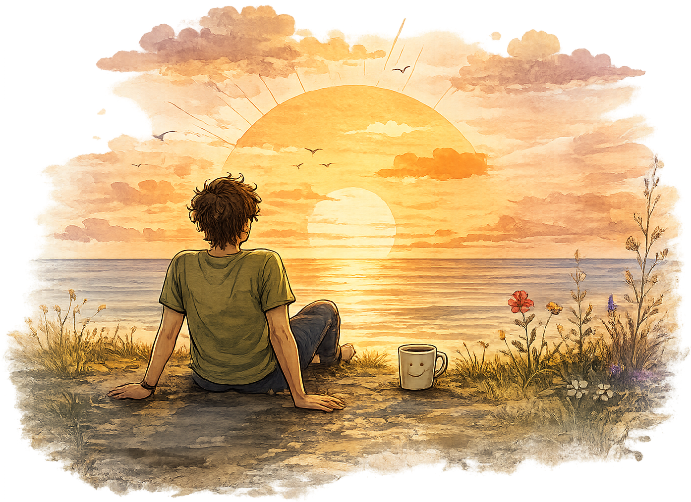 A person watching the sunrise over the ocean