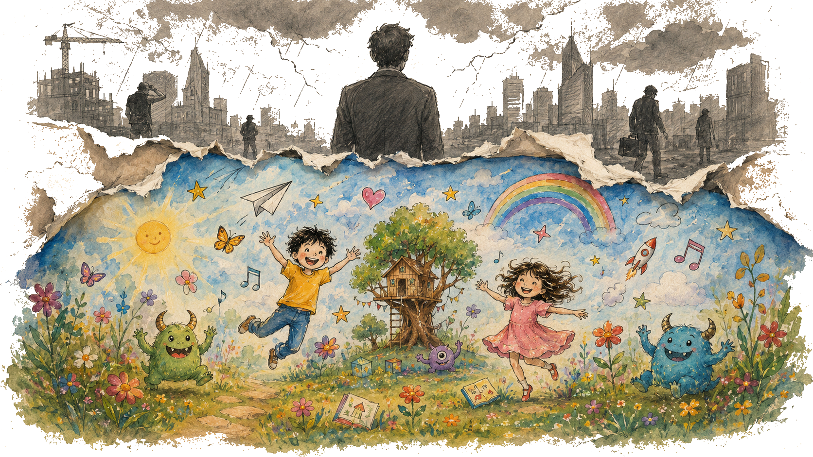 An adult world torn open, revealing a child's playful, colorful world beneath