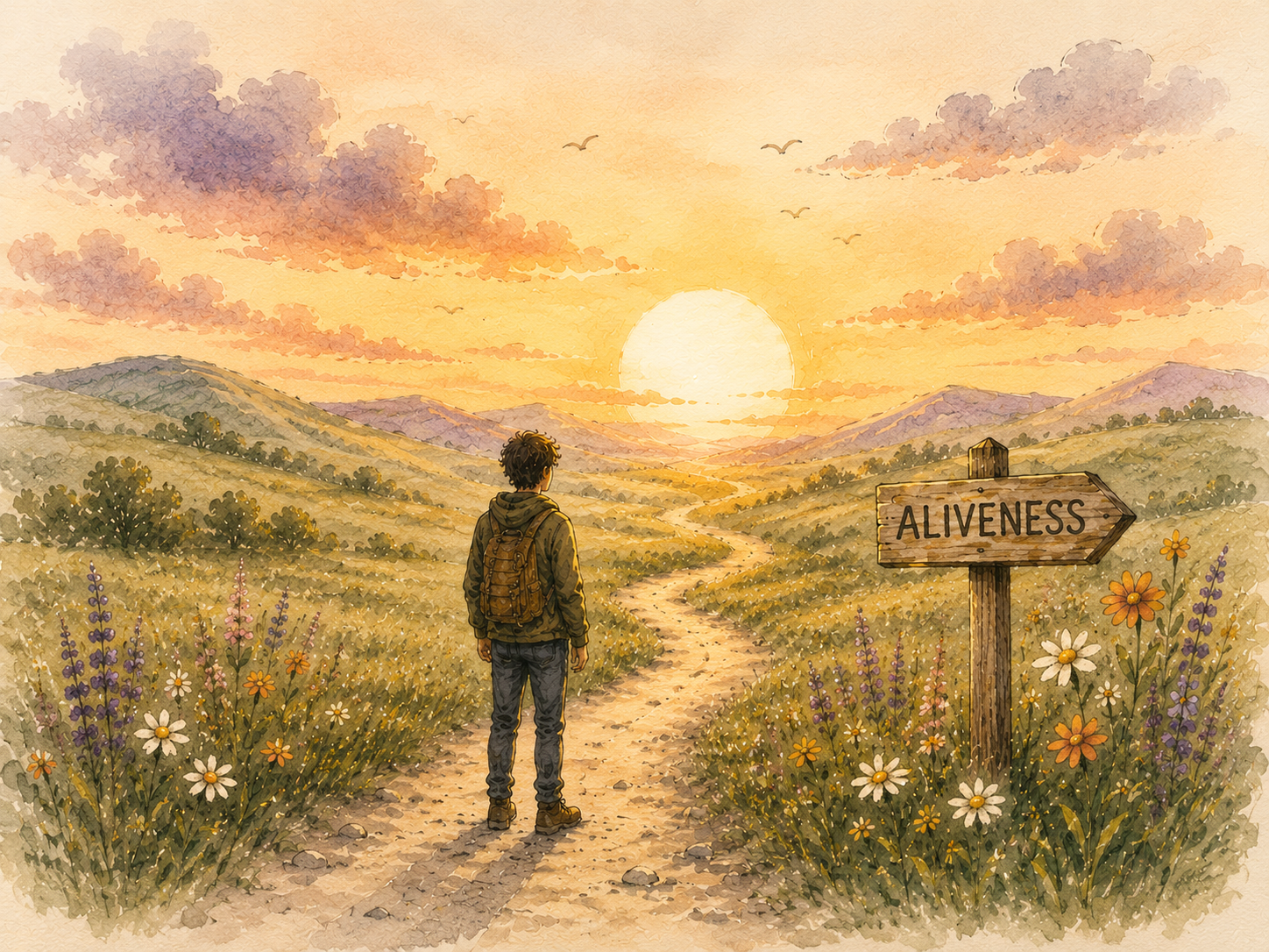 Person standing at a path with a sign pointing to aliveness